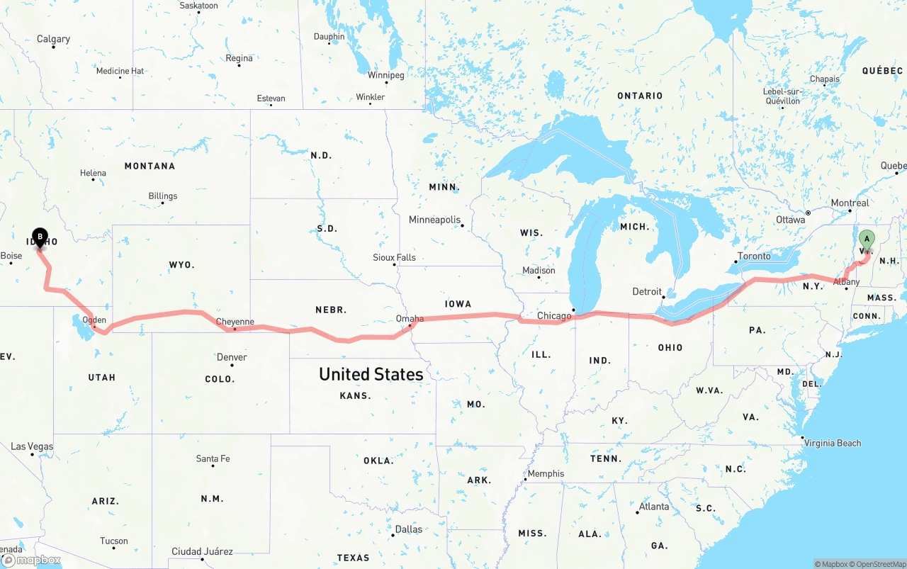 Shipping route from Vermont to Idaho