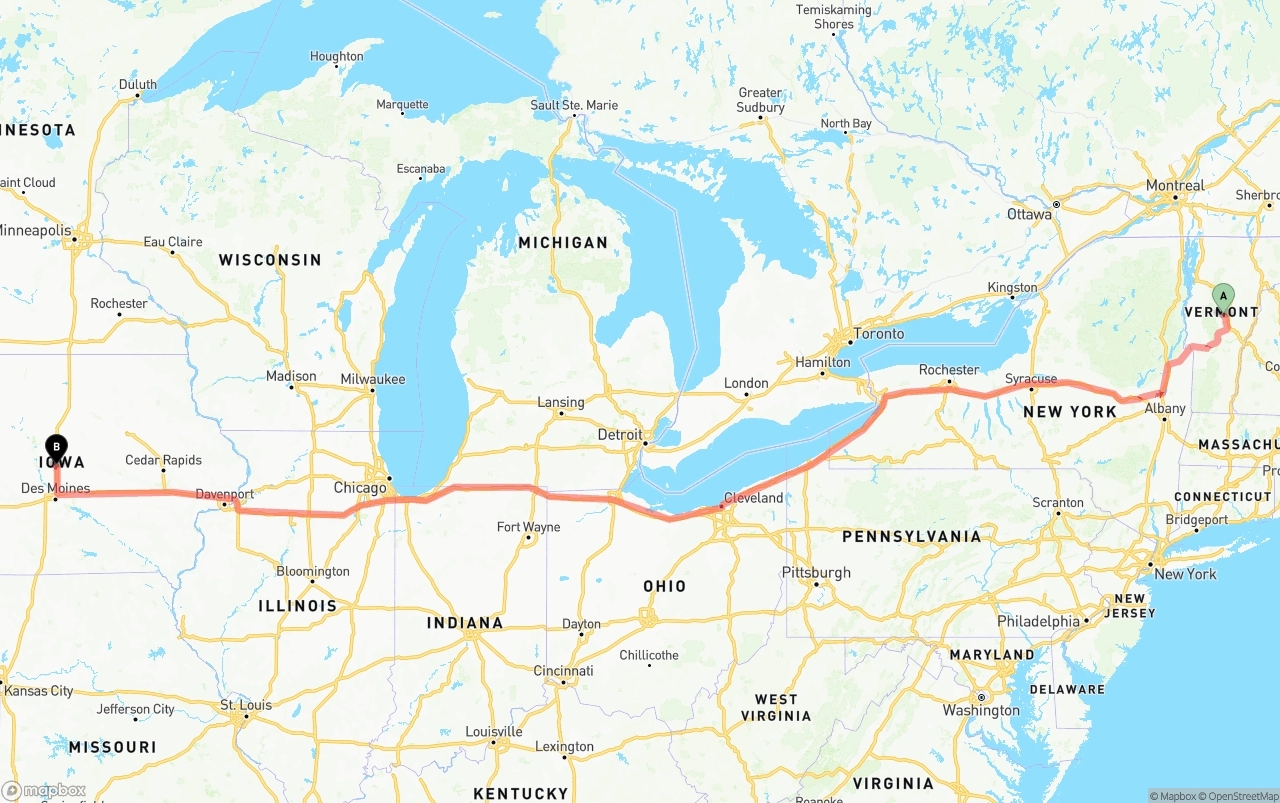 Shipping route from Vermont to Iowa