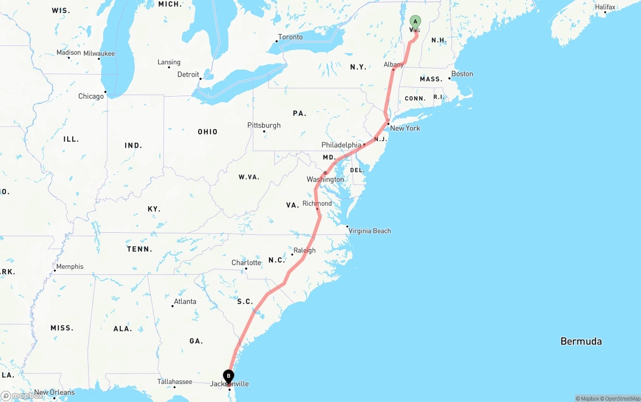 Shipping route from Vermont to Jacksonville International Airport