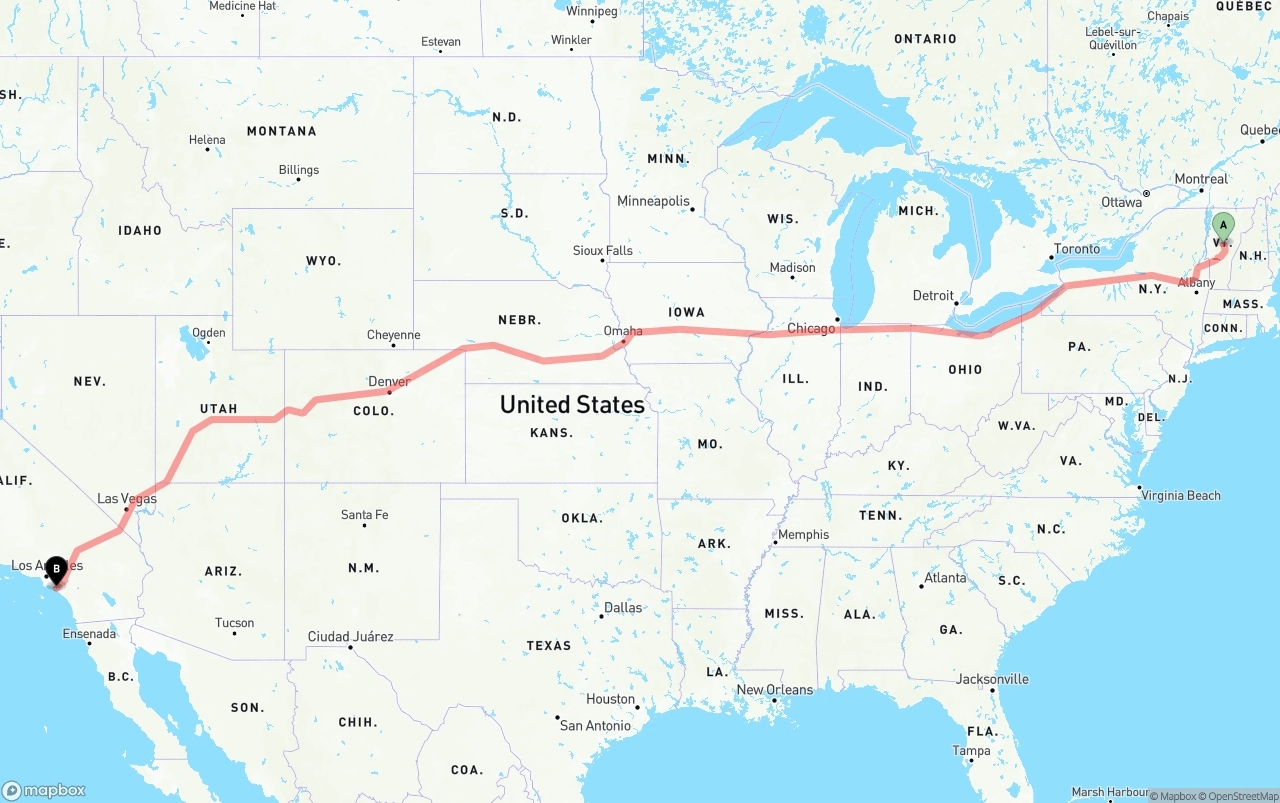Shipping route from Vermont to John Wayne Airport — Orange County