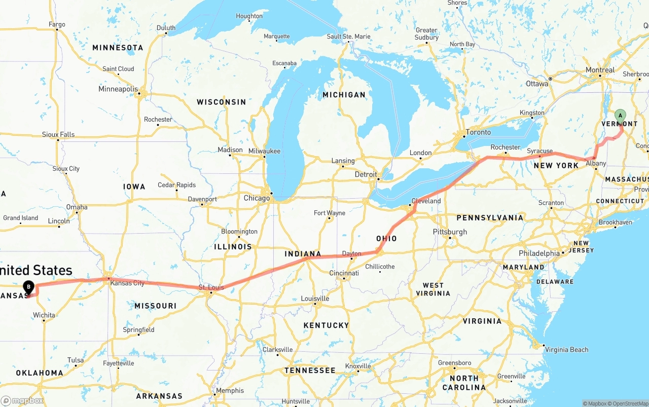 Shipping route from Vermont to Kansas