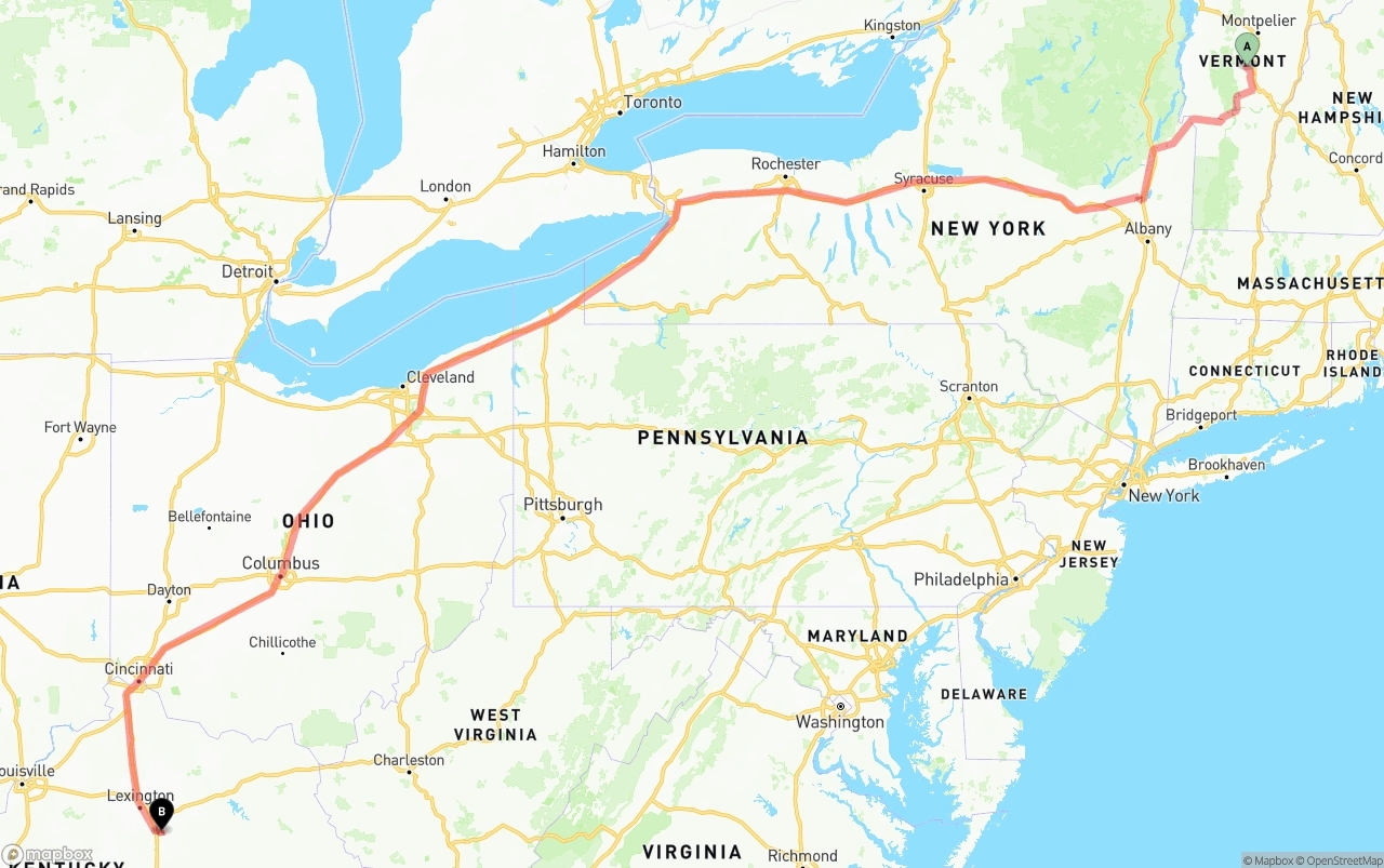 Shipping route from Vermont to Kentucky