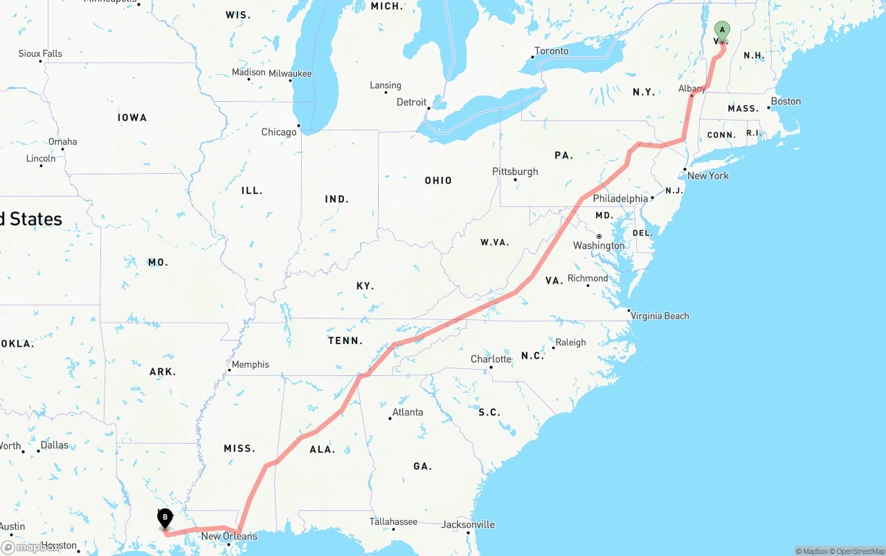 Shipping route from Vermont to Louisiana