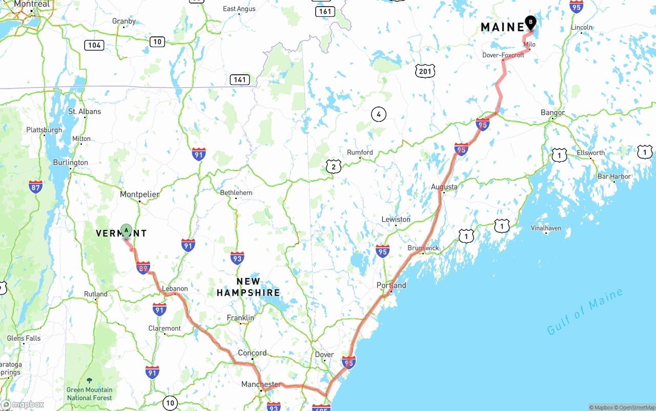 Shipping route from Vermont to Maine