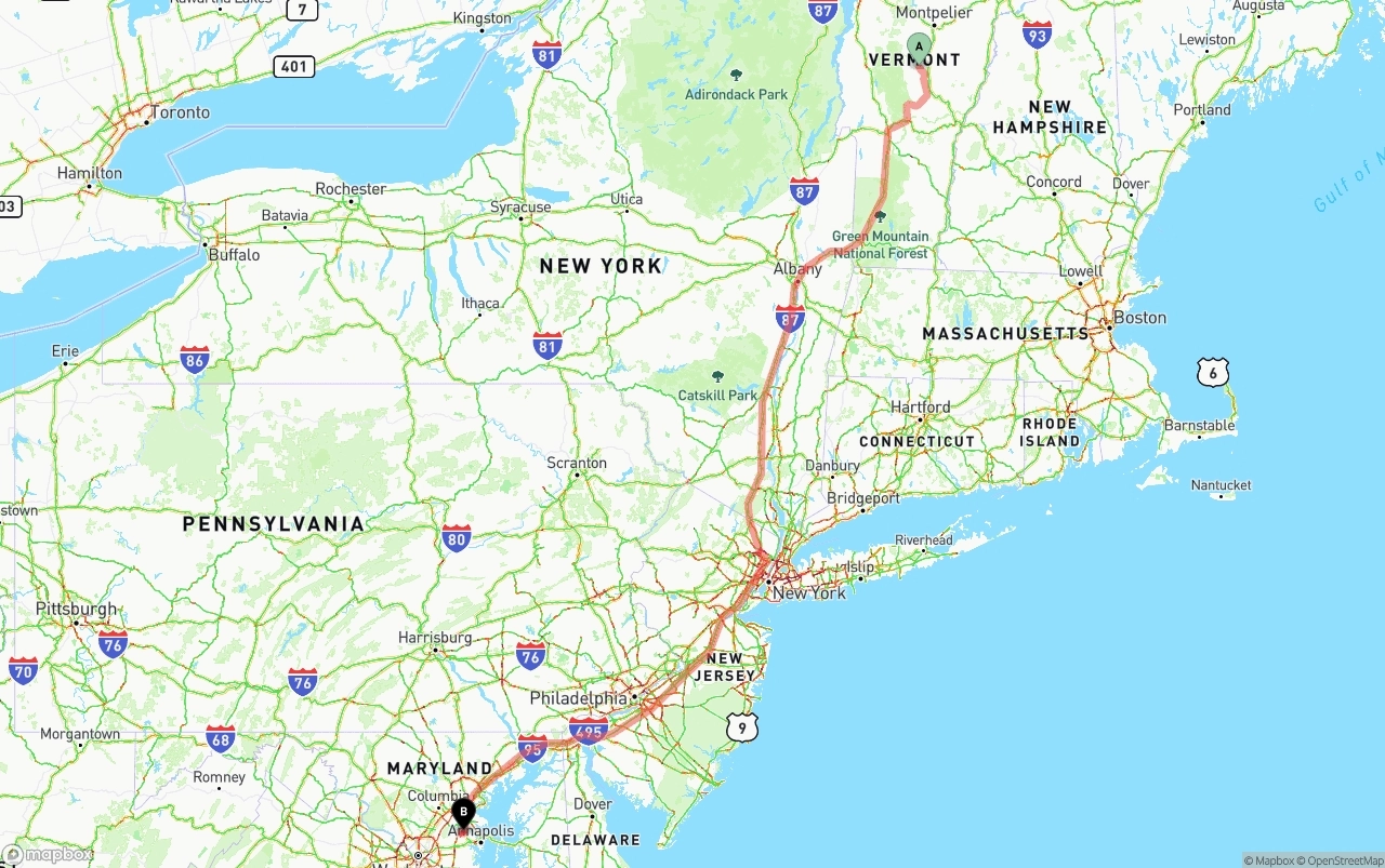 Shipping route from Vermont to Maryland