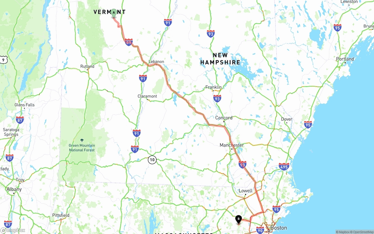 Shipping route from Vermont to Massachusetts