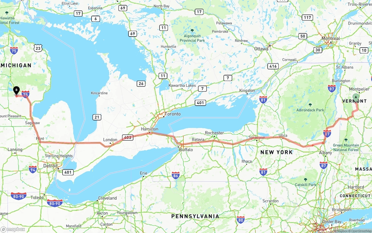 Shipping route from Vermont to Michigan