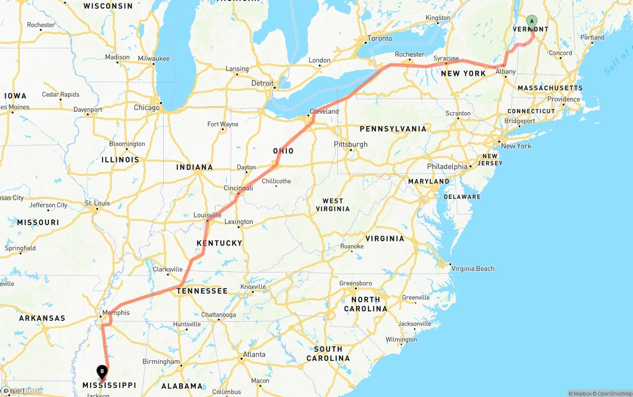 Shipping route from Vermont to Mississippi