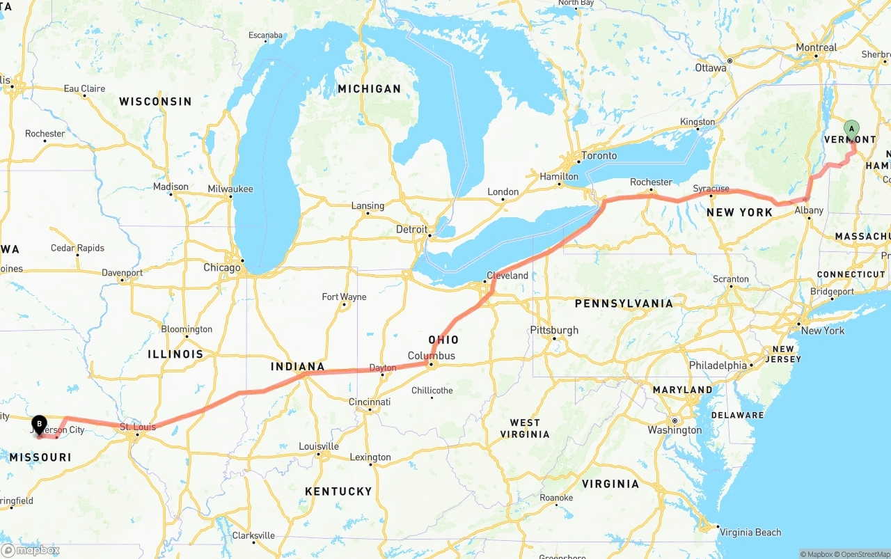 Shipping route from Vermont to Missouri