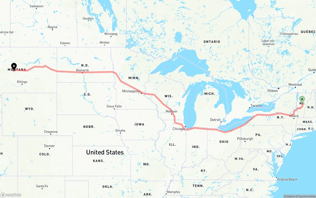 Shipping route from Vermont to Montana