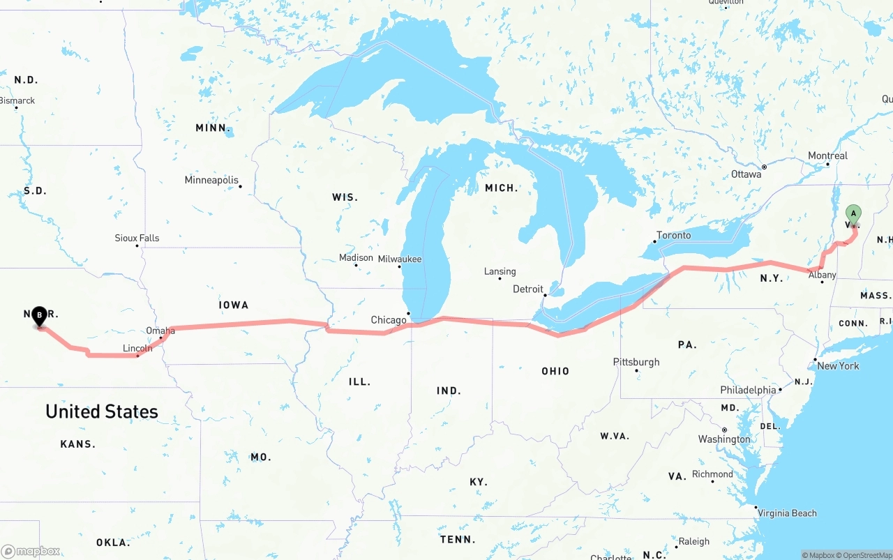 Shipping route from Vermont to Nebraska