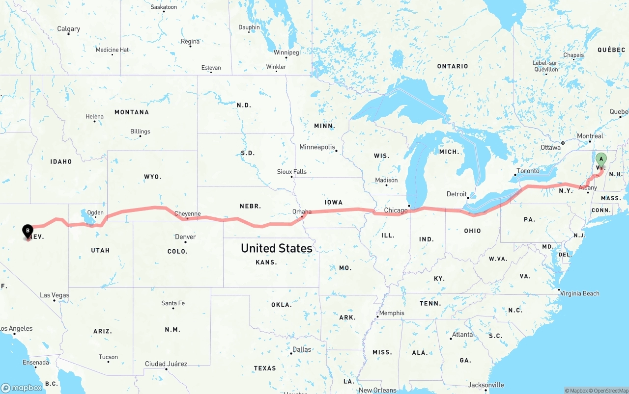 Shipping route from Vermont to Nevada
