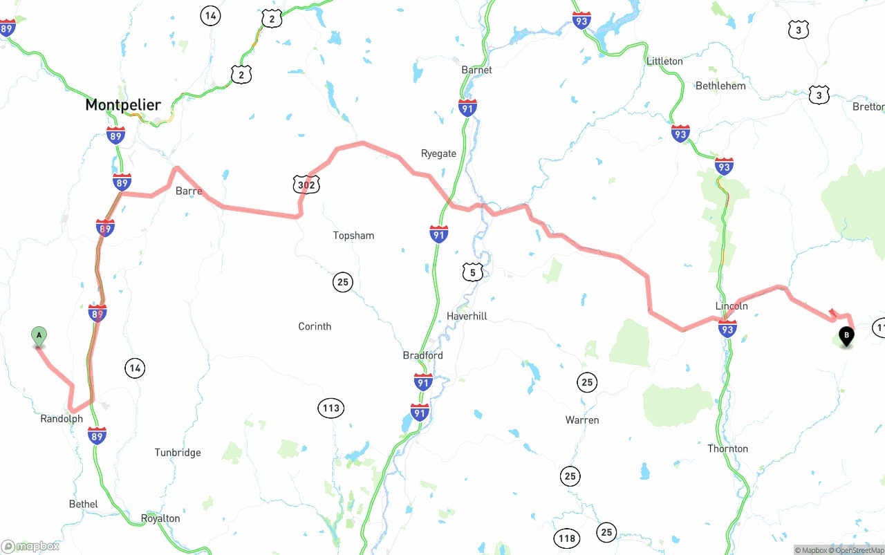 Shipping route from Vermont to New Hampshire