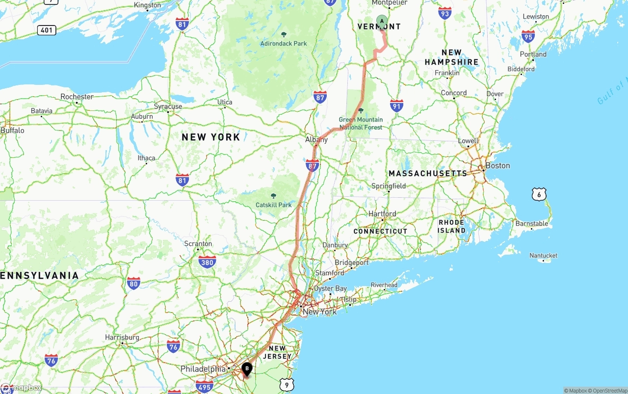 Shipping route from Vermont to New Jersey