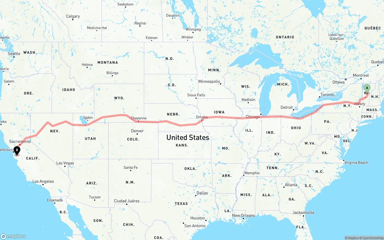 Shipping route from Vermont to Norman Y. Mineta San Jose International Airport