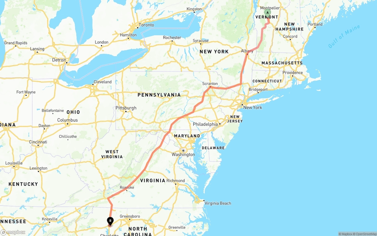 Shipping route from Vermont to North Carolina