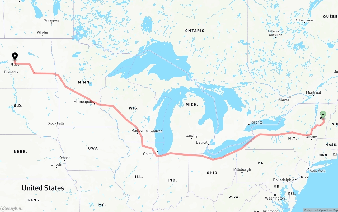 Shipping route from Vermont to North Dakota