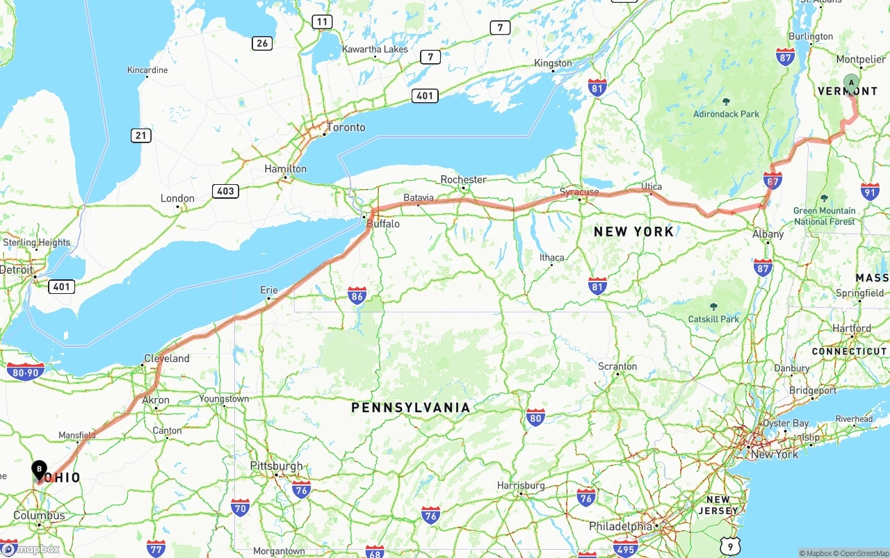 Shipping route from Vermont to Ohio
