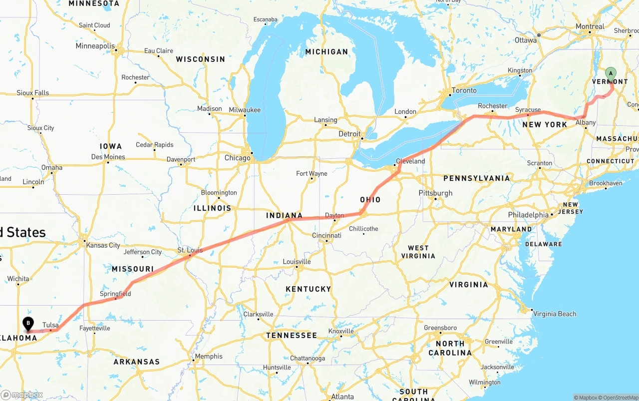 Shipping route from Vermont to Oklahoma