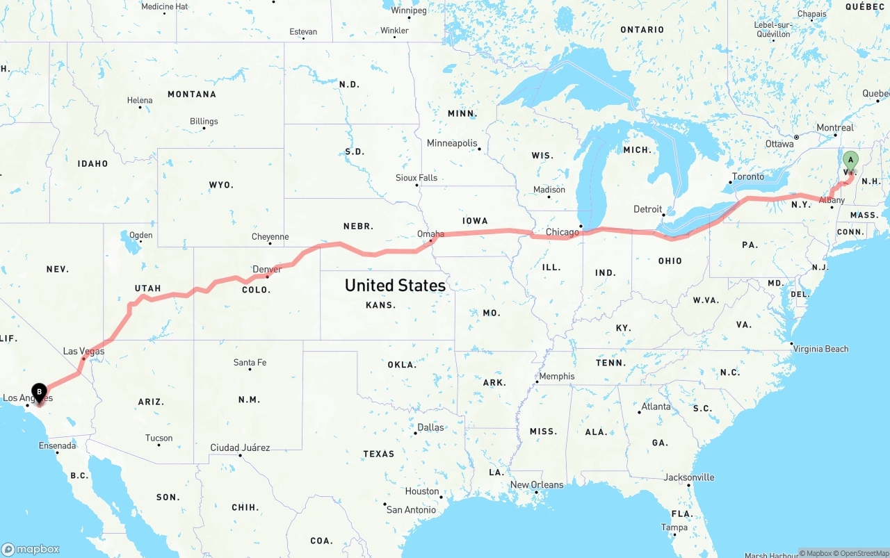 Shipping route from Vermont to Ontario International Airport
