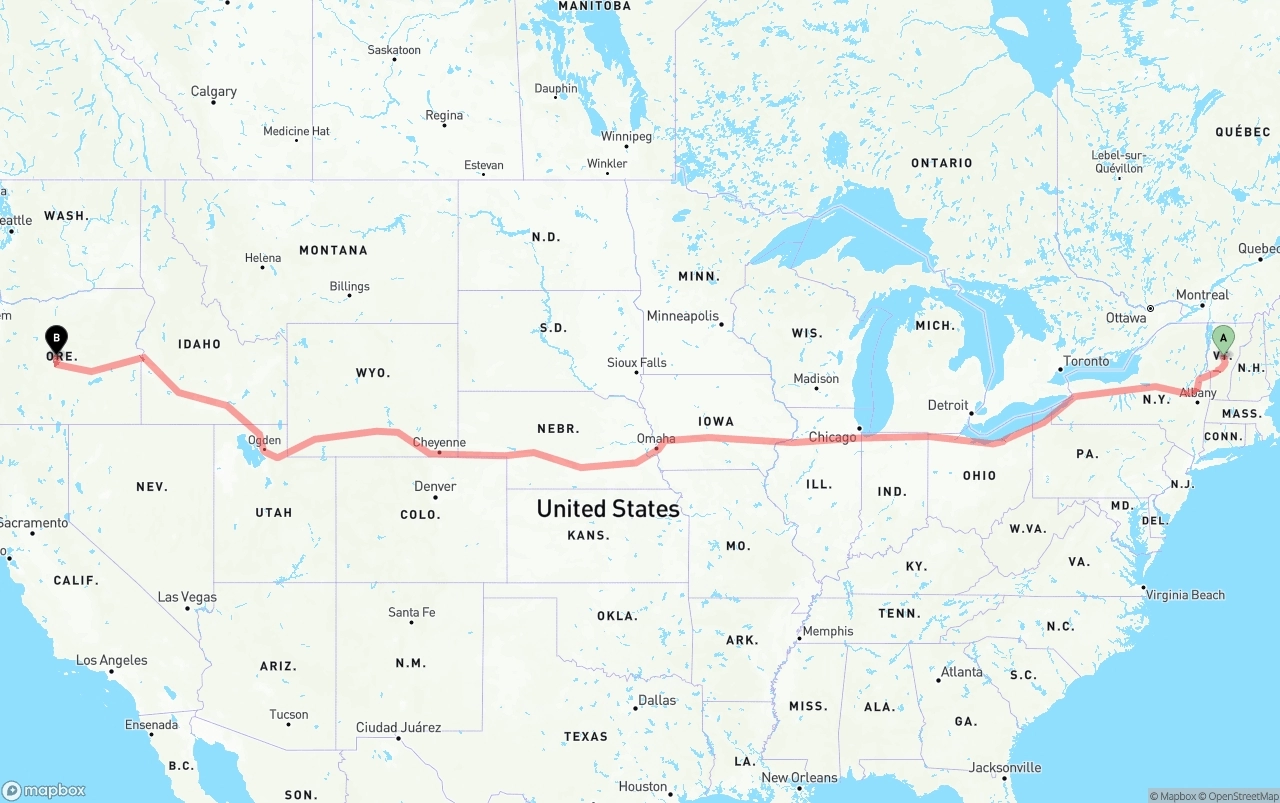 Shipping route from Vermont to Oregon