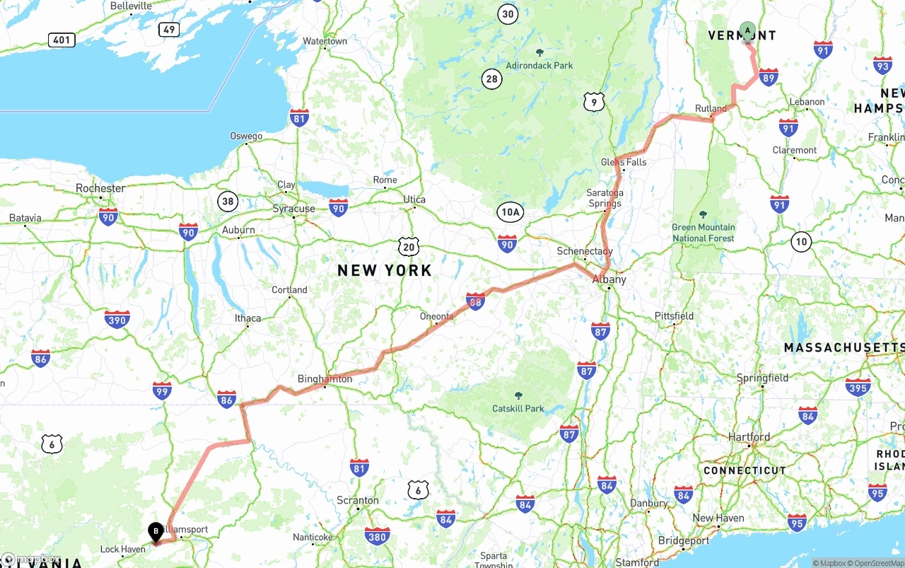 Shipping route from Vermont to Pennsylvania