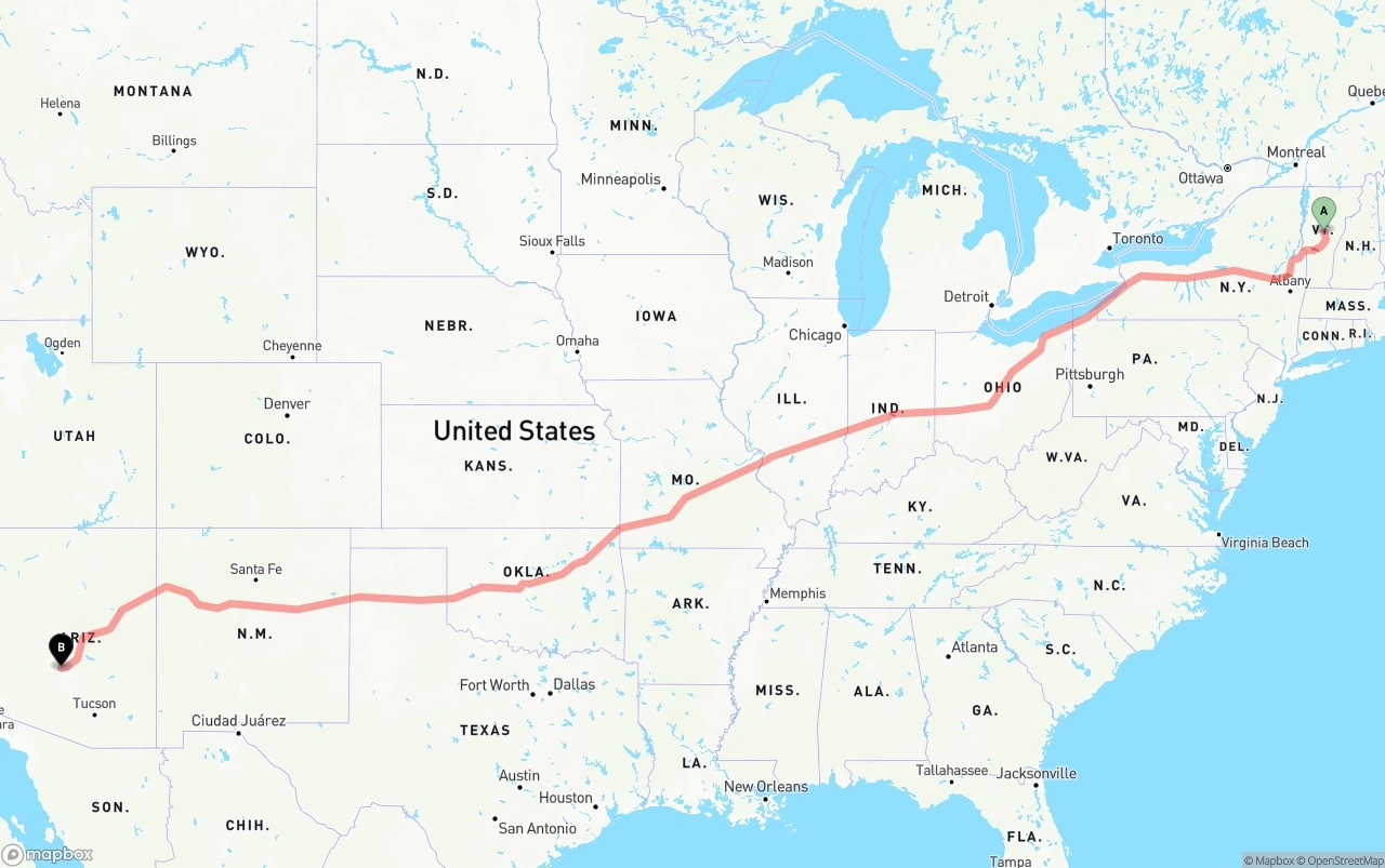 Shipping route from Vermont to Phoenix Sky Harbor International Airport
