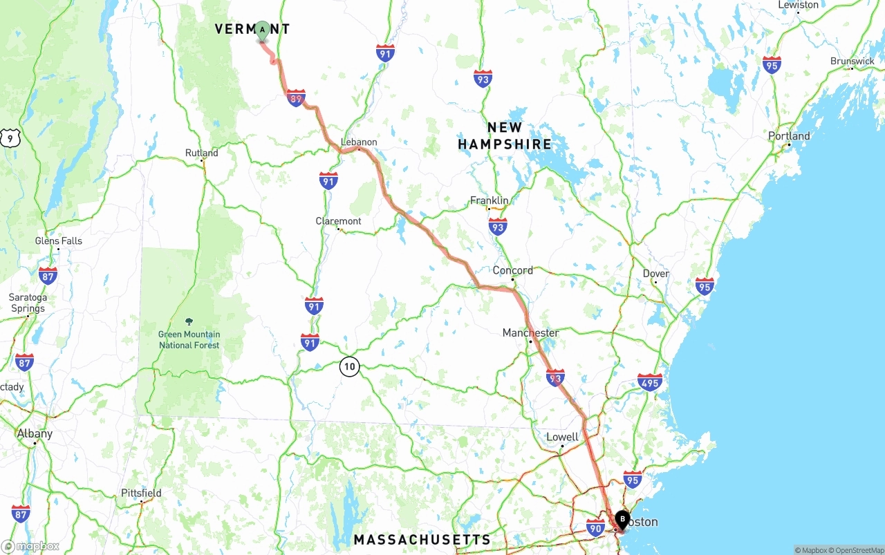Shipping route from Vermont to Port of Boston