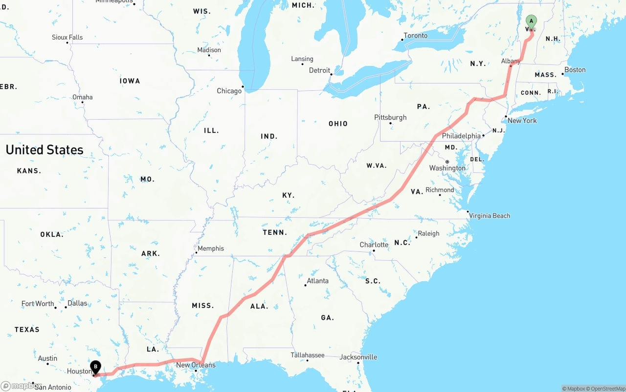Shipping route from Vermont to Port of Houston