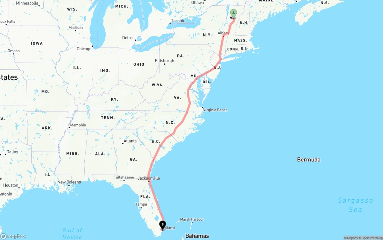 Shipping route from Vermont to Port of Miami