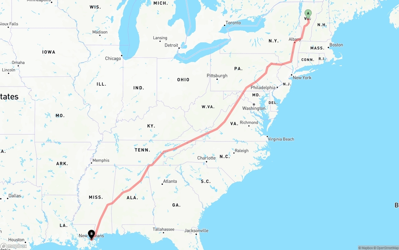Shipping route from Vermont to Port of New Orleans