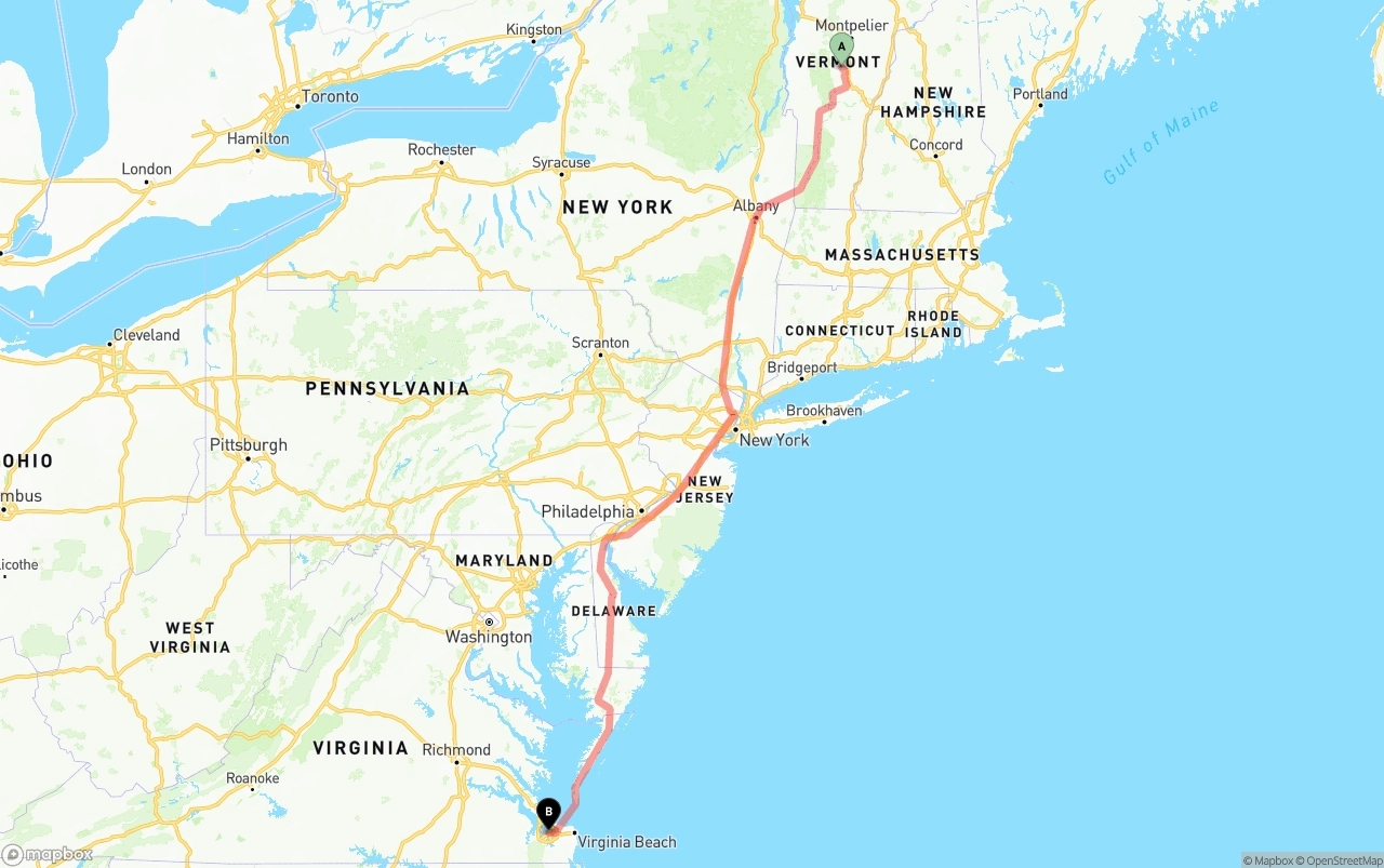 Shipping route from Vermont to Port of Norfolk
