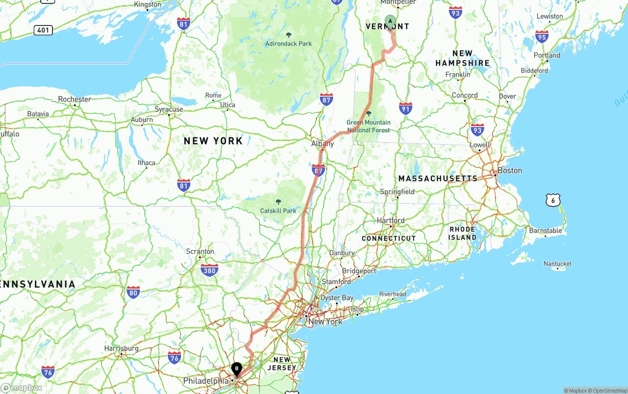 Shipping route from Vermont to Port of Philadelphia