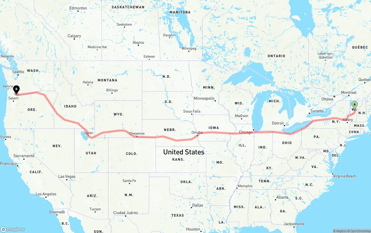 Shipping route from Vermont to Portland International Airport