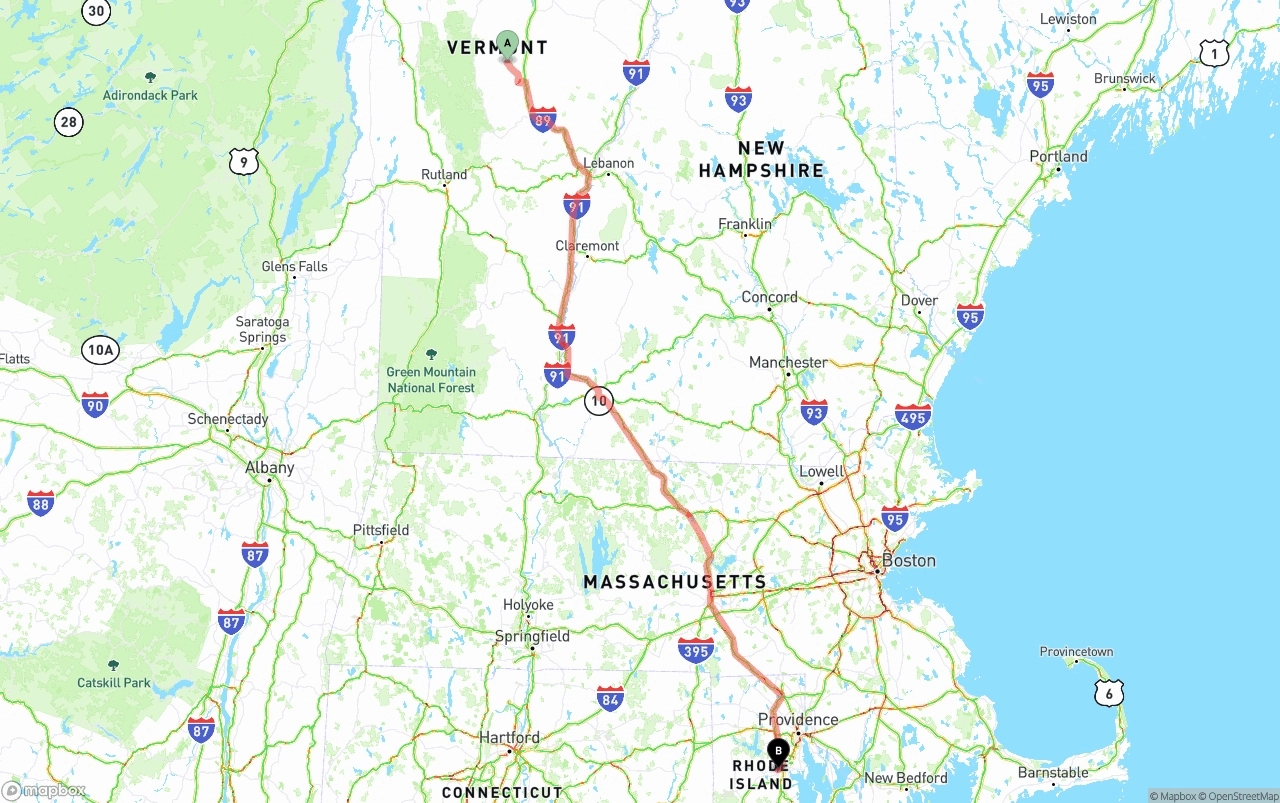 Shipping route from Vermont to Rhode Island