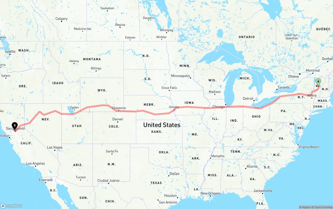 Shipping route from Vermont to Sacramento International Airport