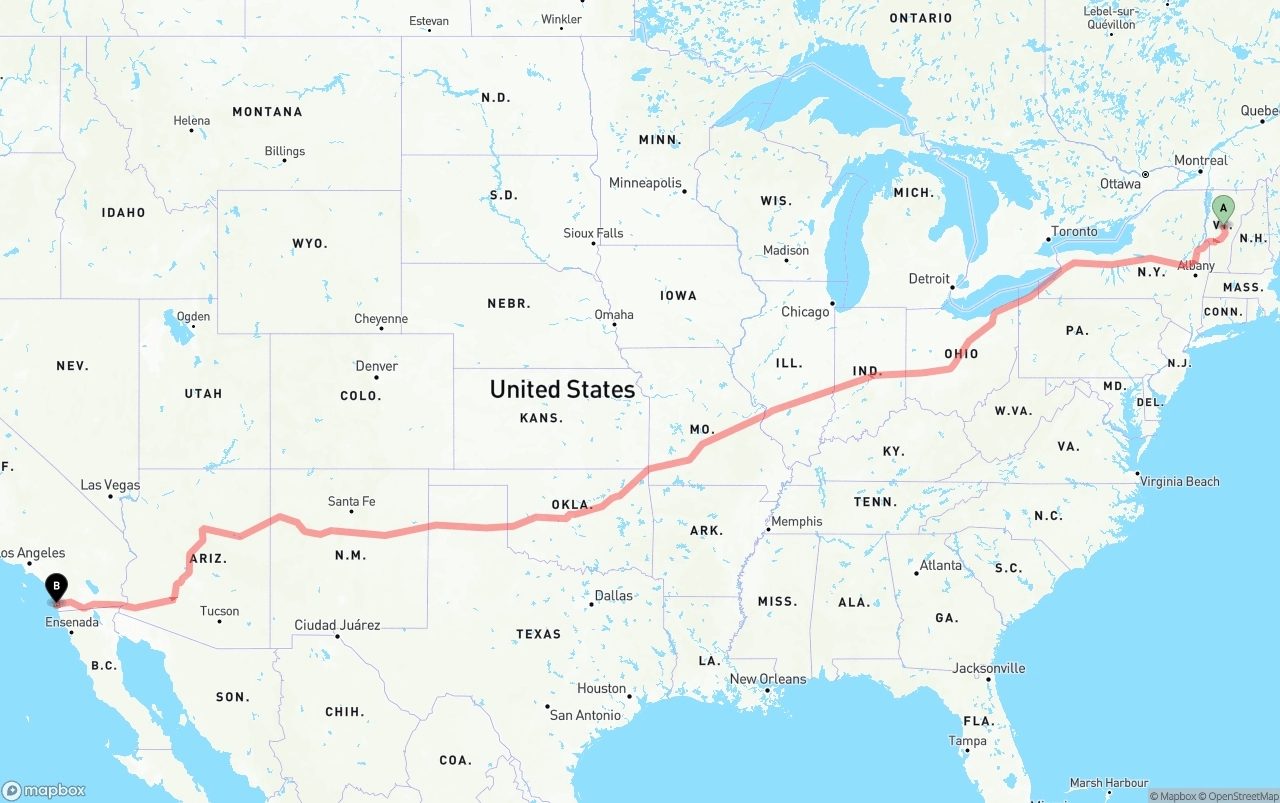 Shipping route from Vermont to San Diego International Airport