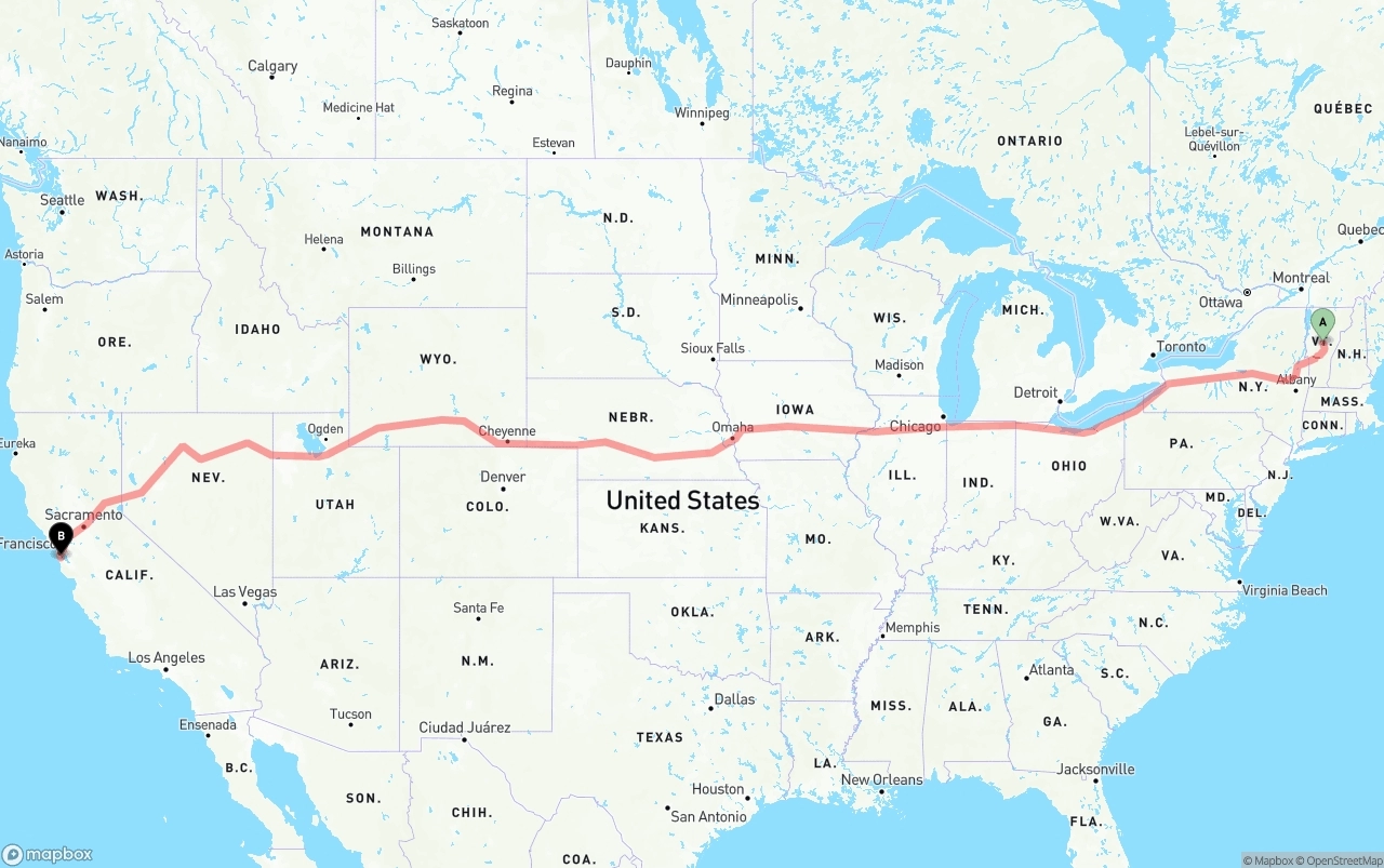 Shipping route from Vermont to San Francisco International Airport