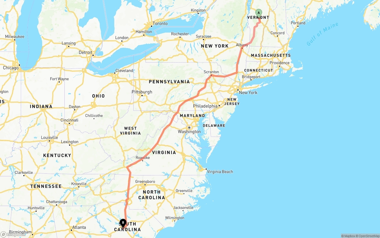 Shipping route from Vermont to South Carolina