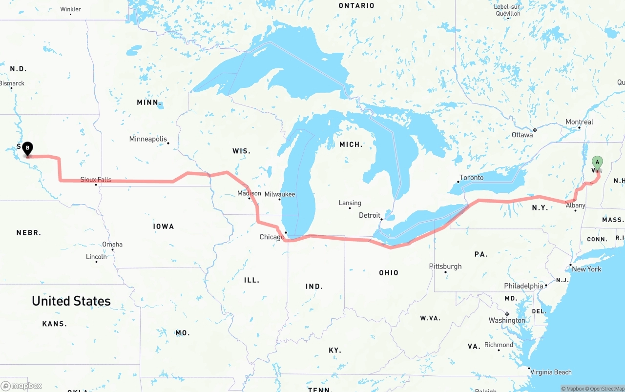 Shipping route from Vermont to South Dakota