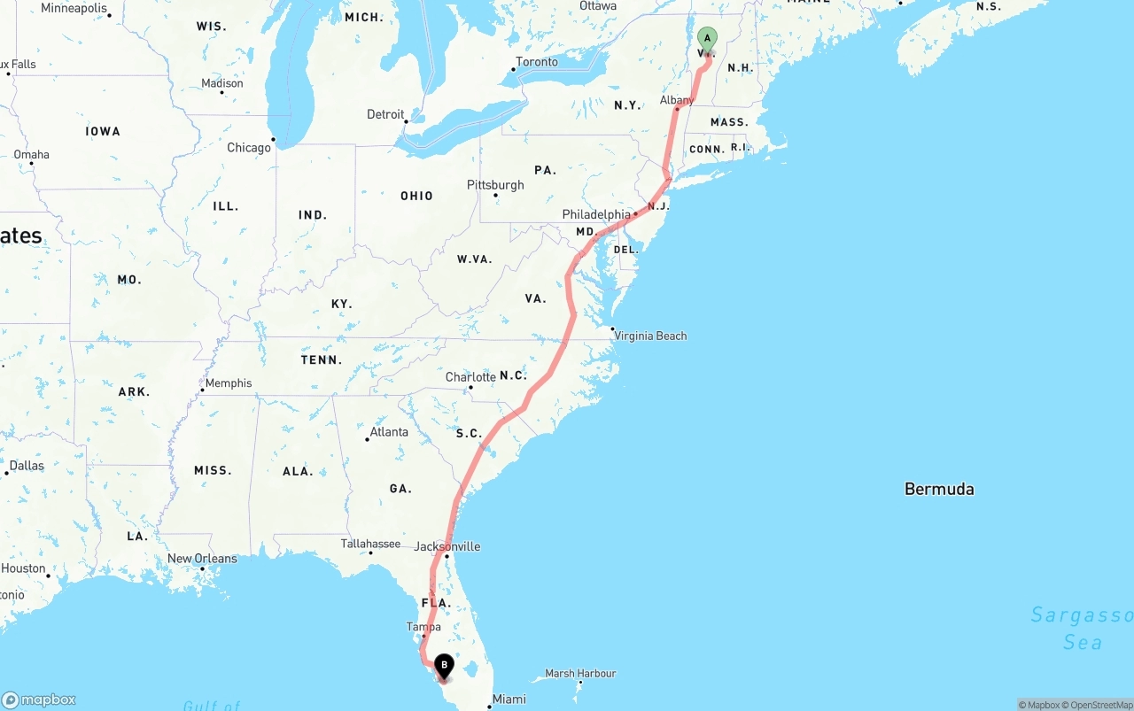 Shipping route from Vermont to Southwest Florida International Airport