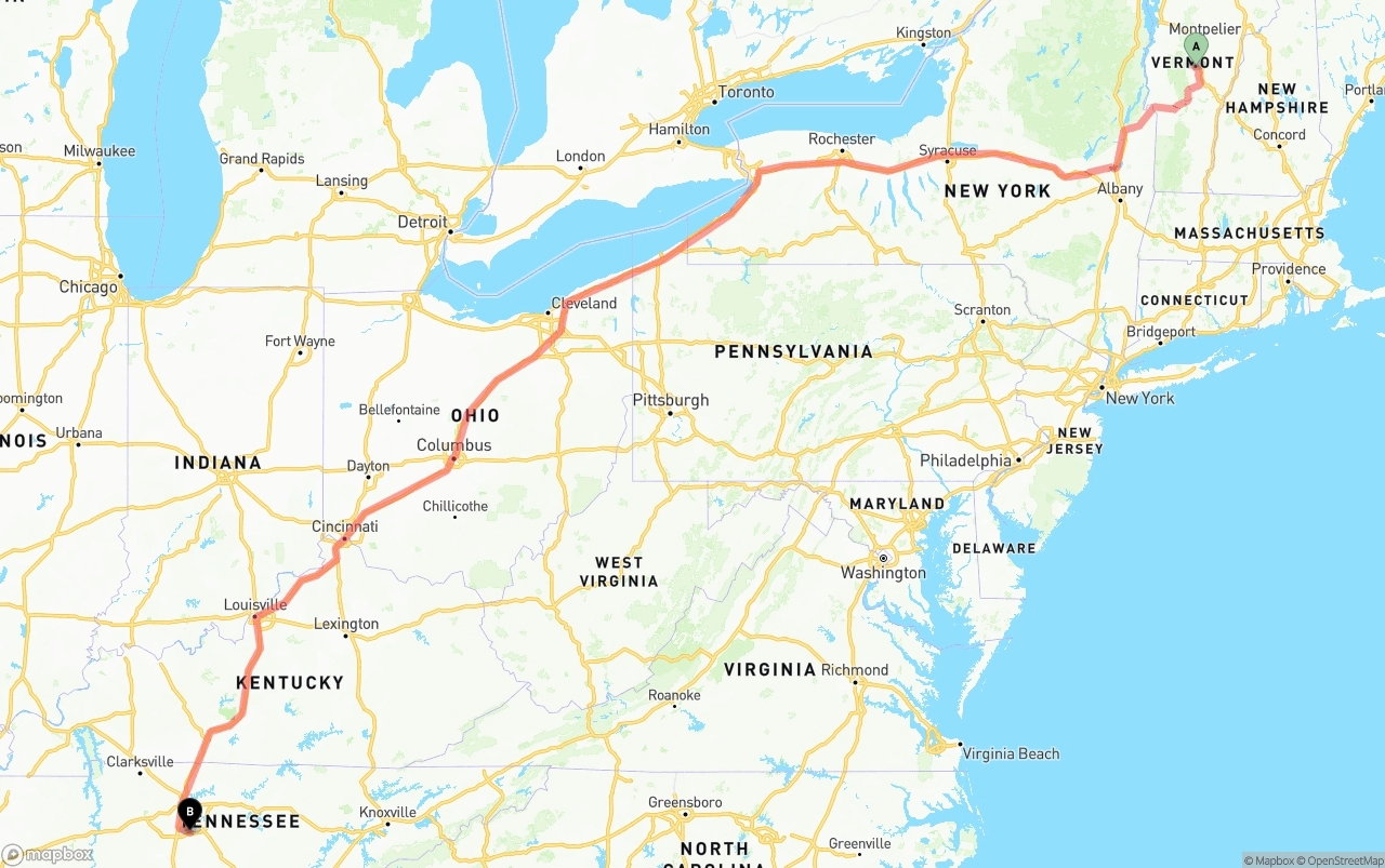 Shipping route from Vermont to Tennessee