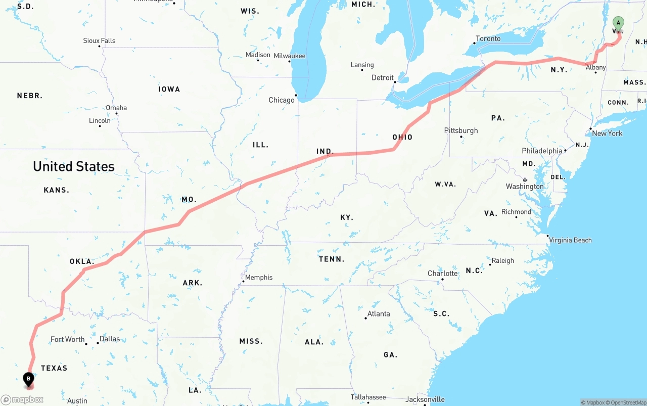 Shipping route from Vermont to Texas