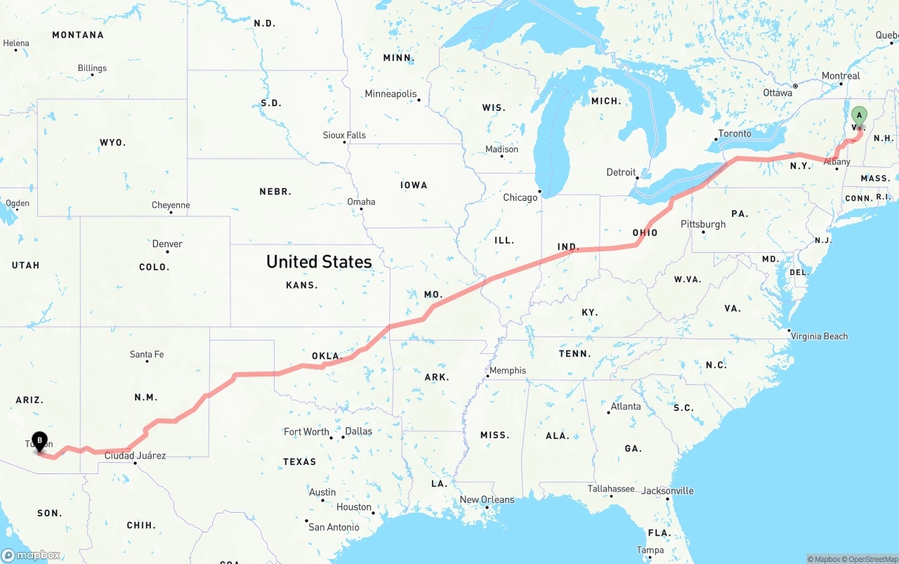 Shipping route from Vermont to Tucson International Airport