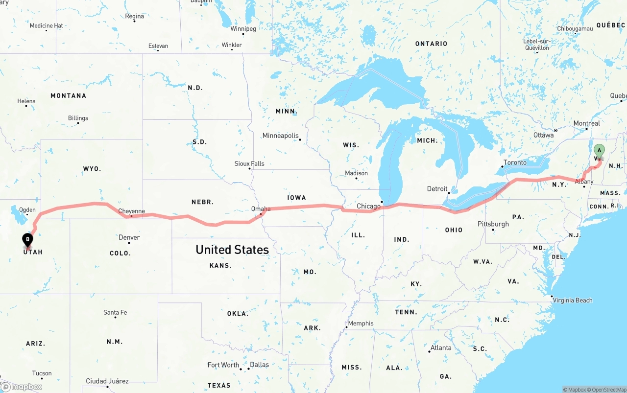 Shipping route from Vermont to Utah