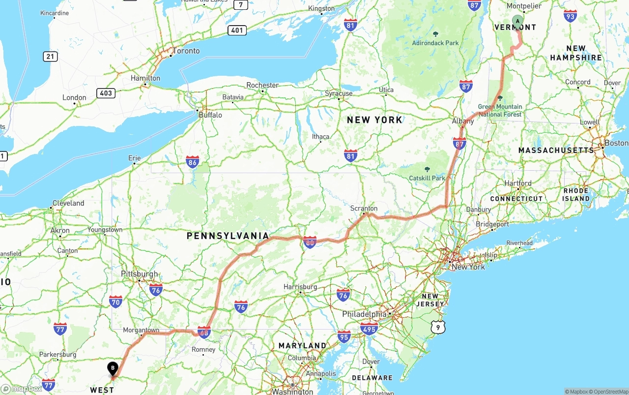 Shipping route from Vermont to West Virginia