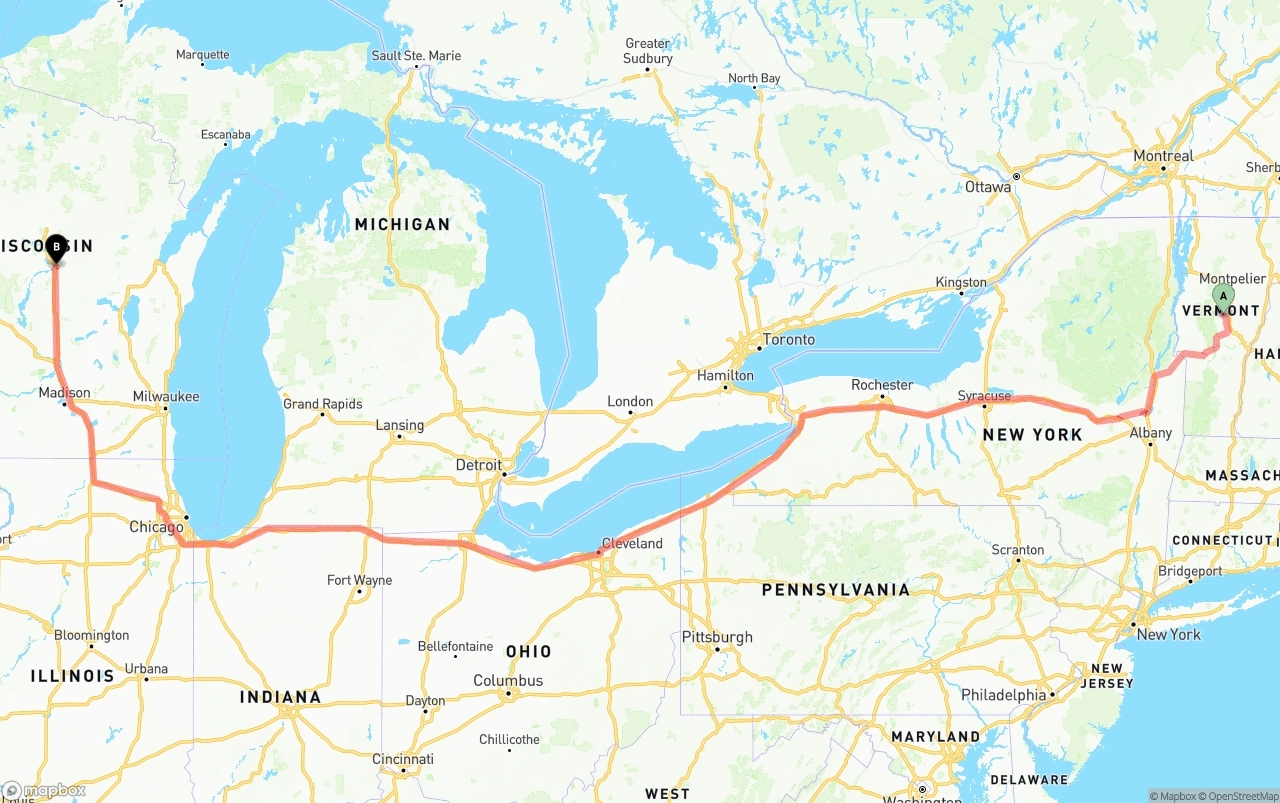 Shipping route from Vermont to Wisconsin