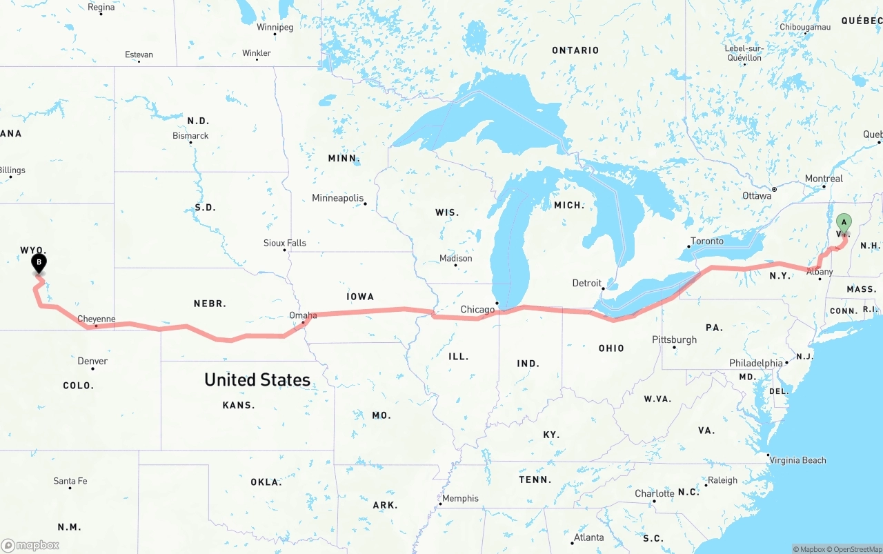 Shipping route from Vermont to Wyoming
