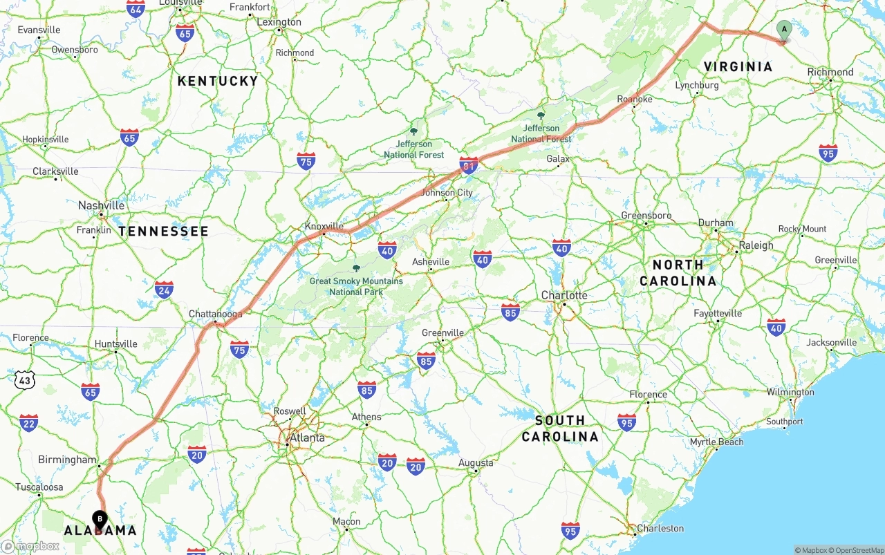 Shipping route from Virginia to Alabama