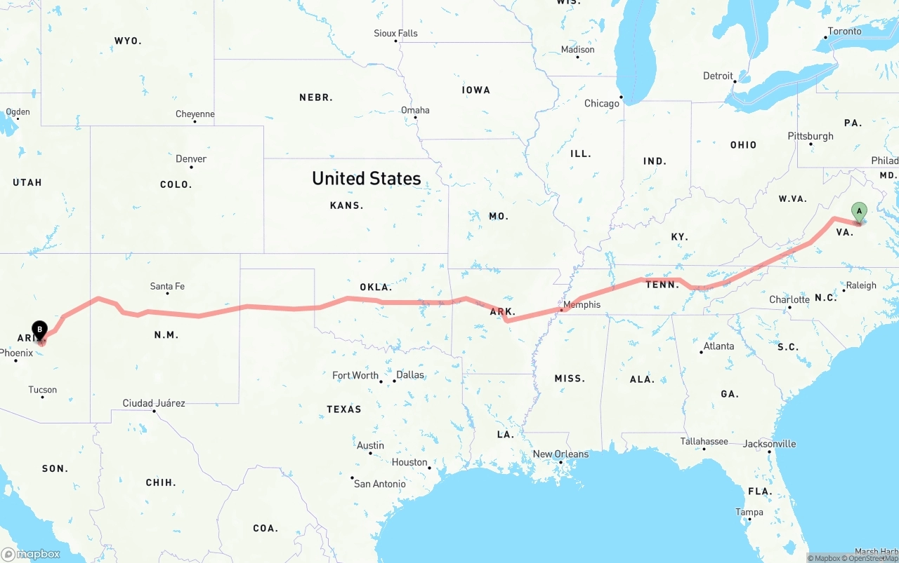 Shipping route from Virginia to Arizona